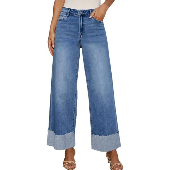 Women's Wide Leg Jeans Stretch Raw Hem High Rise Casual Cool Trendy - Picture 3 of 6